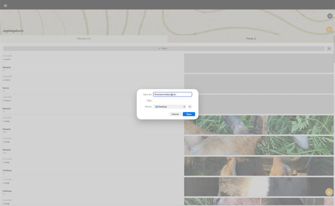 Jagdtagebuch in der Web-Version – Export als Streckenmeldung.csv